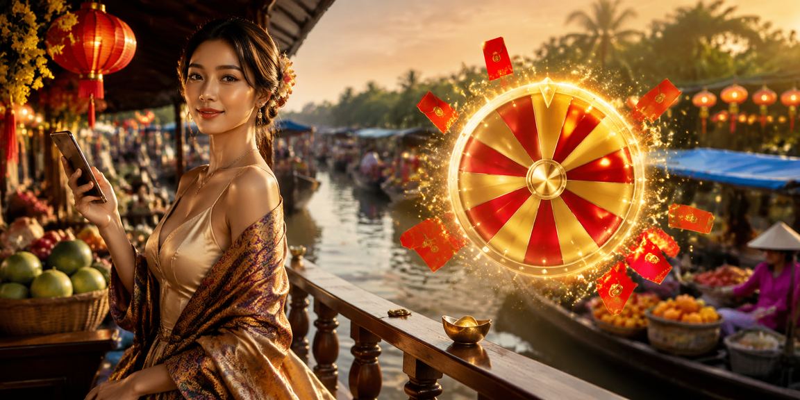Bàn Roulette đèn lồng ven sông Mekong gợi không khí casino giải trí đêm sông nước