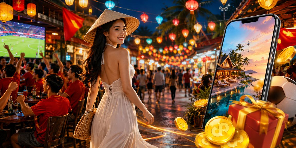 Người dùng đội nón lá tại Phú Quốc sử dụng điện thoại truy cập casino trực tuyến